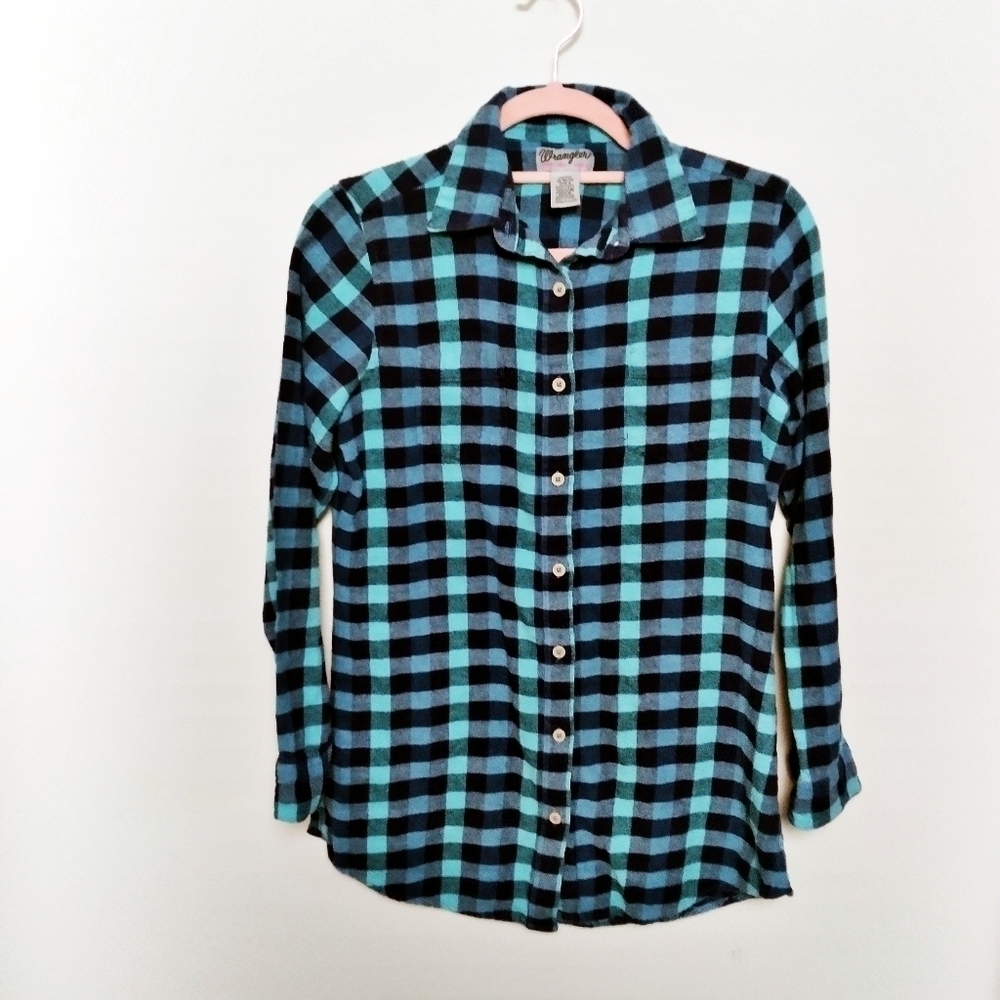 Wrangler Blue Plaid Flannel Wrancher Button Down Shirt Size Medium